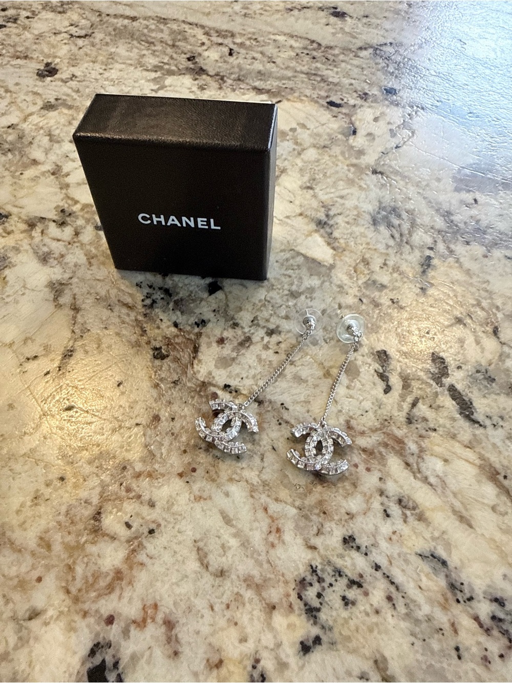 CHANEL Silver Crystal CC Drop Chain Earrings